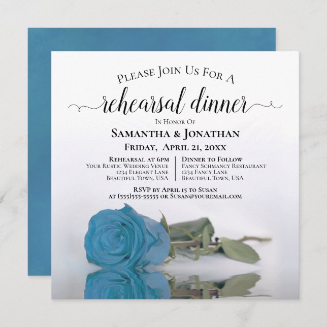 Elegant Azure Blue Rose Wedding Rehearsal Dinner Invitation (Front/Back)