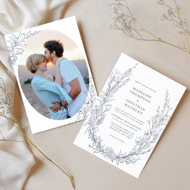 Elegant Azure Ivory Floral Monogram Photo Wedding Invitation (Creator Uploaded)