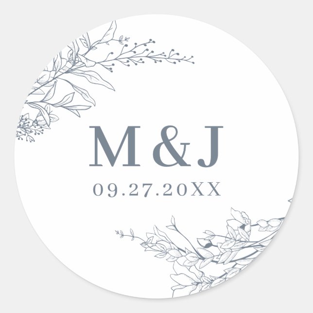 Elegant Azure Ivory Floral Wreath Monogram Wedding Classic Round Sticker (Front)