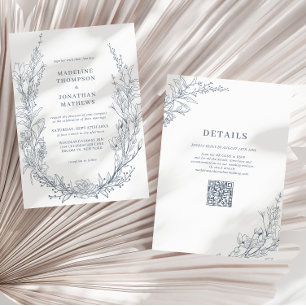 Elegant Azure Ivory Floral Wreath QR Code Wedding Invitation