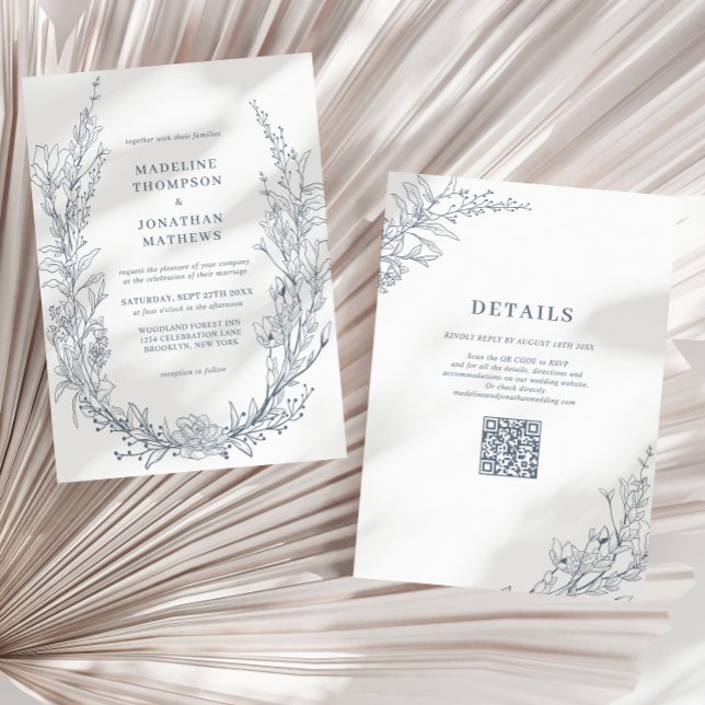 Elegant Azure Ivory Floral Wreath QR Code Wedding Invitation (Creator Uploaded)
