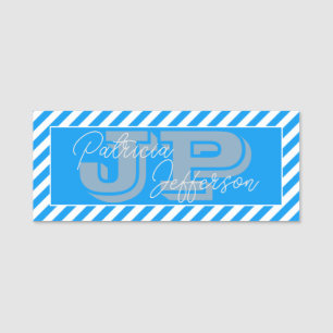 Elegant Azure Light Blue & White Striped: Monogram Name Tag
