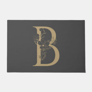 Elegant B Boho Floral Monogram Initial Grey Gold Doormat