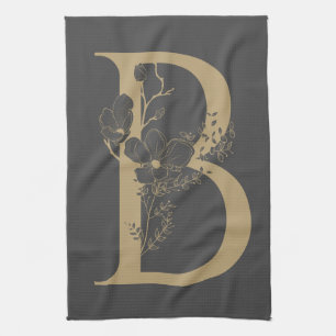 Elegant B Boho Floral Monogram Initial Grey Gold Tea Towel