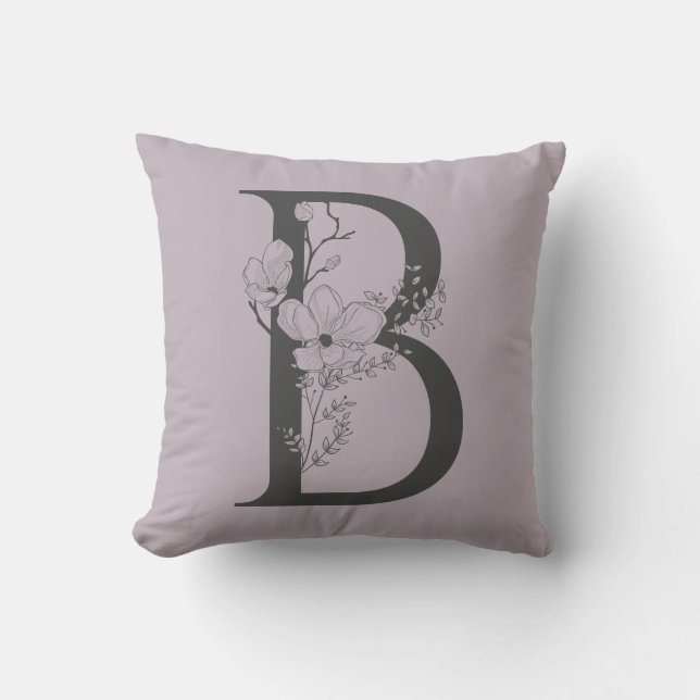 Elegant B Boho Floral Monogram Initial Lilac Grey Cushion (Front)