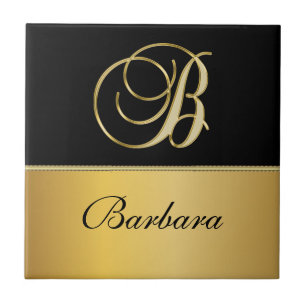 Elegant "B" Monogram Personalised Name Black Gold  Ceramic Tile