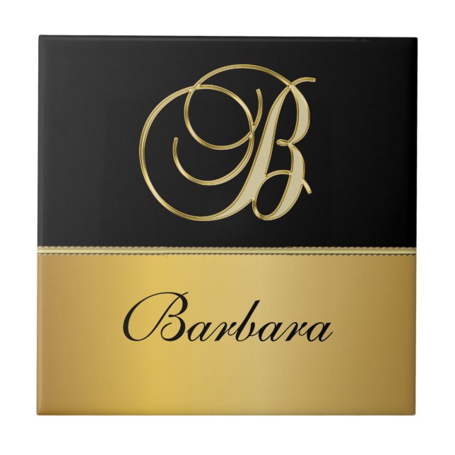 Elegant "B" Monogram Personalised Name Black Gold  Ceramic Tile (Front)