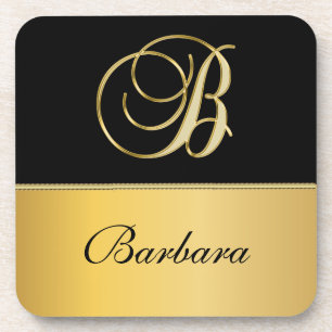 Elegant "B" Monogram Personalised Name Black Gold  Coaster