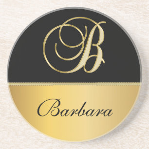 Elegant "B" Monogram Personalised Name Black Gold  Coaster