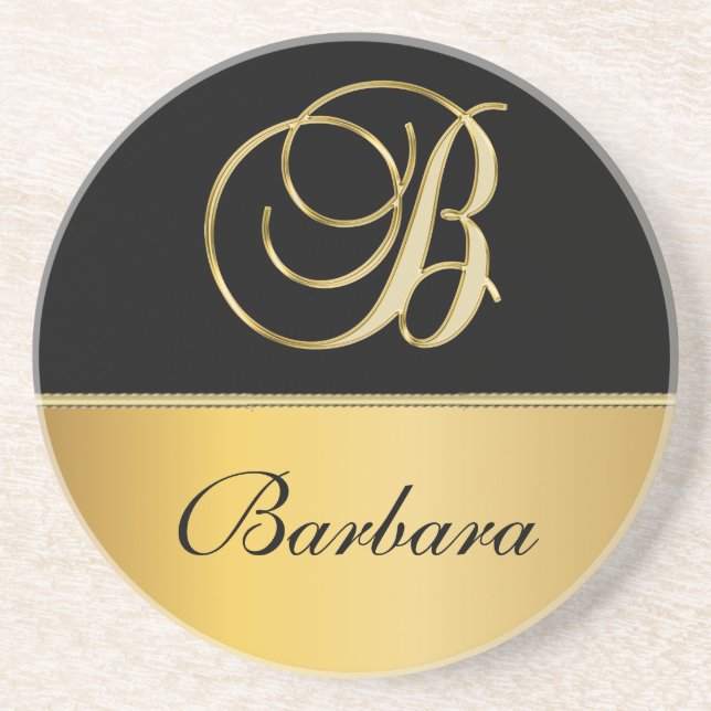 Elegant "B" Monogram Personalised Name Black Gold  Coaster (Front)