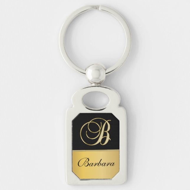 Elegant "B" Monogram Personalised Name Black Gold  Key Ring (Front)