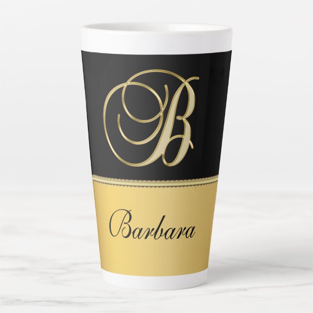 Elegant "B" Monogram Personalised Name Black Gold Latte Mug (Front)