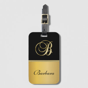 Elegant "B" Monogram Personalised Name Black Gold Luggage Tag