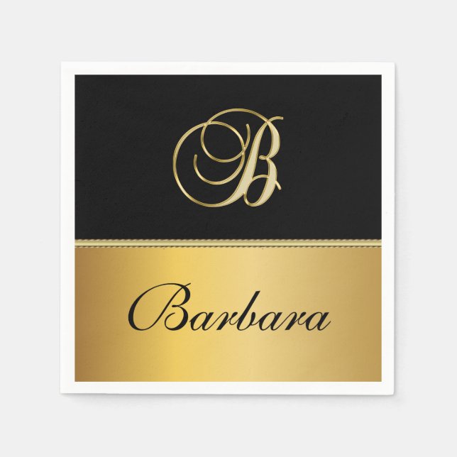 Elegant "B" Monogram Personalised Name Black Gold  Napkin (Front)