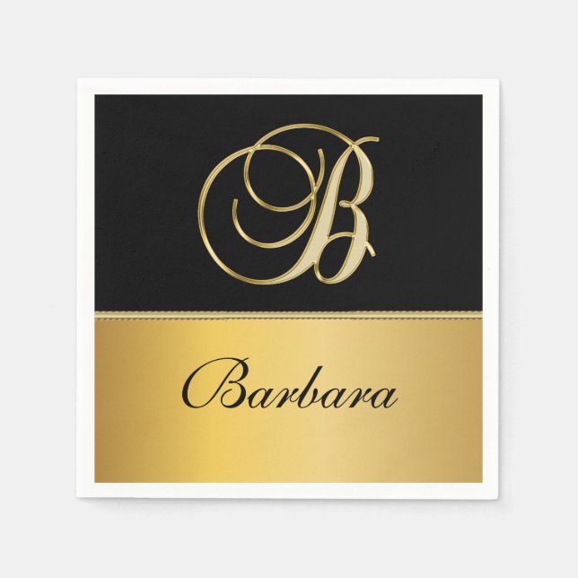 Elegant "B" Monogram Personalised Name Black Gold  Napkin (Front)