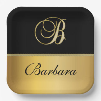 Elegant "B" Monogram Personalised Name Black Gold  Paper Plate