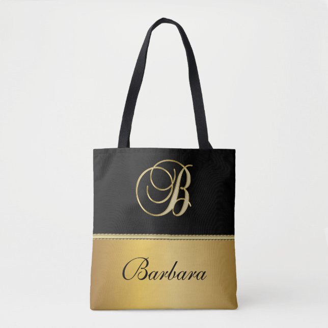 Elegant "B" Monogram Personalised Name Black Gold Tote Bag (Front)