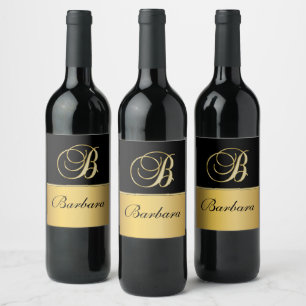Elegant "B" Monogram Personalised Name Black Gold Wine Label