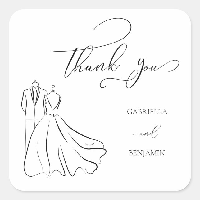 Elegant B&W Tux & Dress Thank You Wedding Square Sticker (Front)