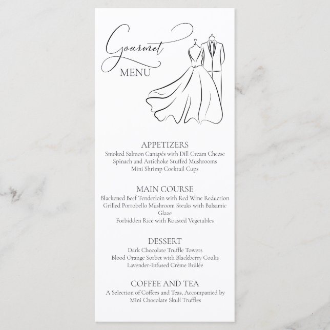Elegant B&W Tux & Dress Wedding Gourmet Menu (Front)