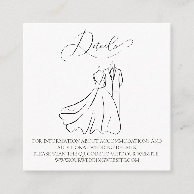 Elegant B&W Tux & Dress Wedding QR Code Details Enclosure Card (Front)