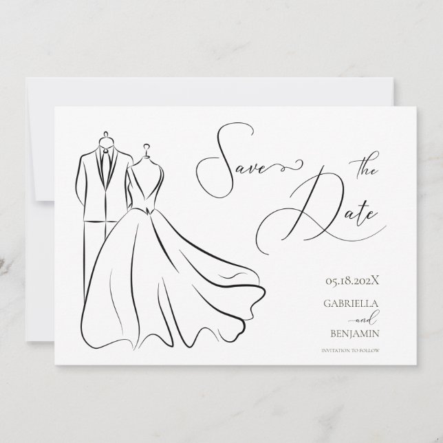 Elegant B&W Tux & Dress wedding Save The Date (Front)