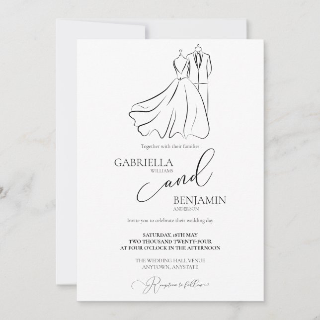 Elegant B&W Wedding Tux & Dress Formal Wedding Invitation (Front)