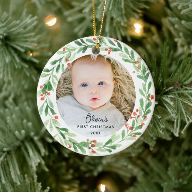 Elegant Baby 1st Christmas Photo Ceramic Ornament (Tree)