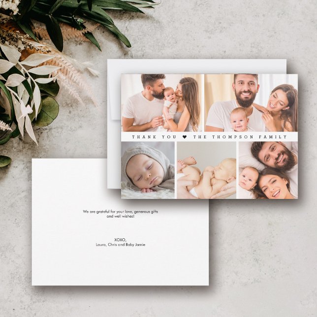 Elegant  Baby 5 photo collage newborn thank you Invitation (4.25 x 5.5" thank you card.)