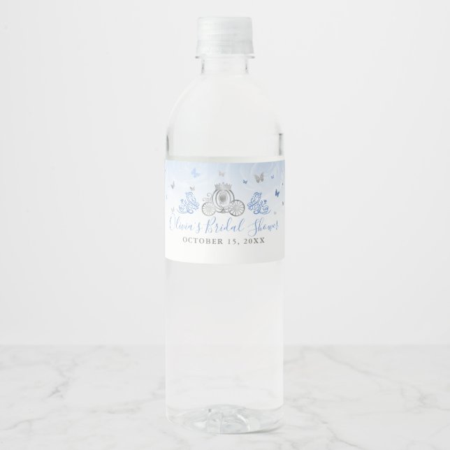 Elegant Baby Blue and Silver Princess Carriage Water Bottle Label (Front)