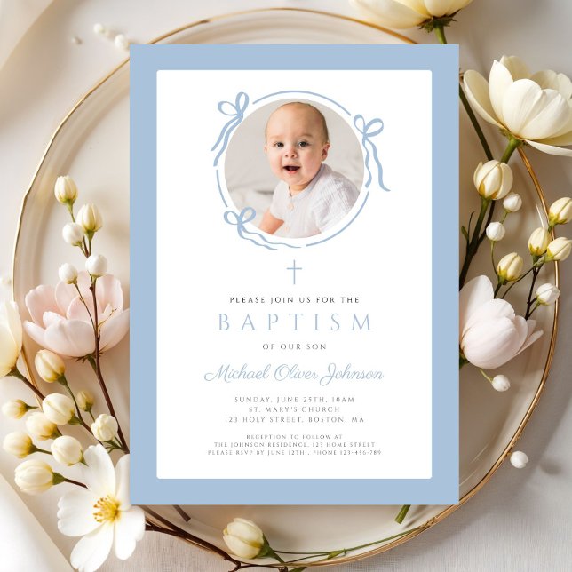 Elegant Baby Blue Bow Photo Baptism Invitation (Elegant Baby Blue Bow Photo Baptism Invitation)