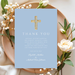 Elegant Baby Blue Cross Boy Baptism Thank You Card
