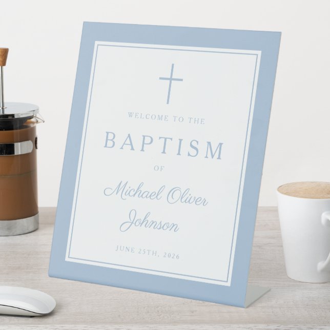 Elegant Baby Blue Cross Boy Baptism Welcome Pedestal Sign (In SItu)