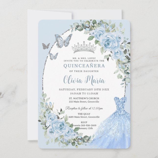 Elegant Baby Blue Floral Dress Silver Quinceañera Invitation (Front)