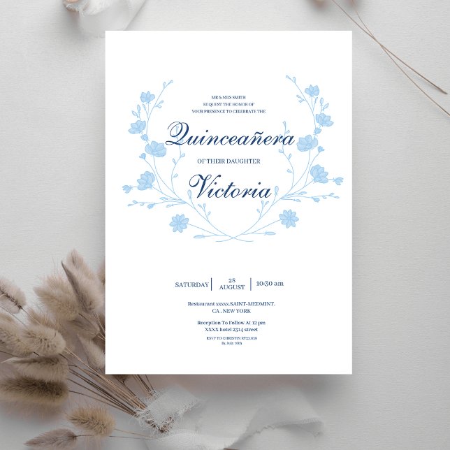 Elegant Baby Blue floral Quinceanera Invitation (Creator Uploaded)