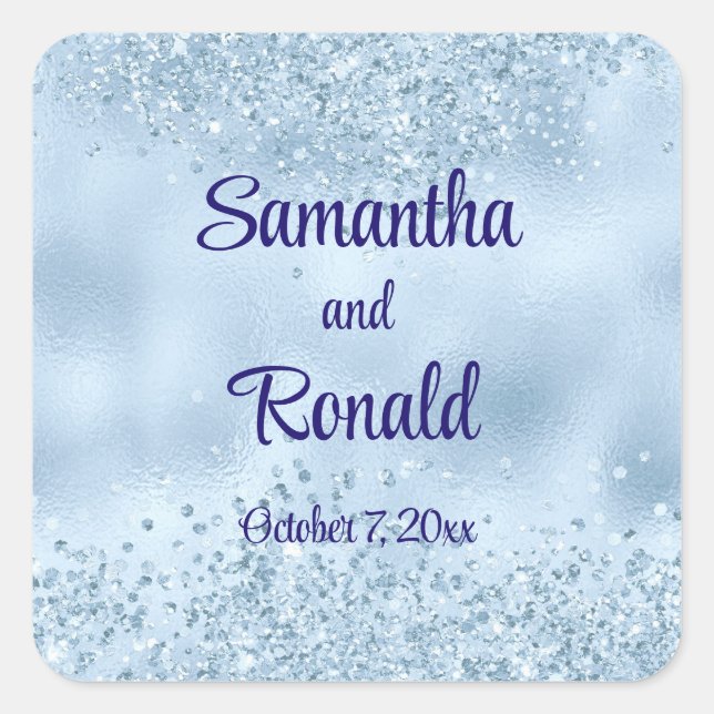 Elegant Baby Blue Glitter and Foil Wedding  Square Sticker (Front)