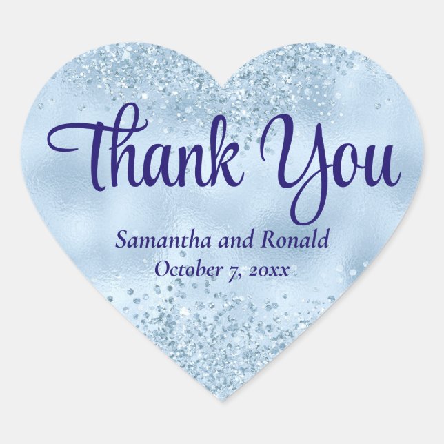 Elegant Baby Blue Glitter & Foil Wedding Thank You Heart Sticker (Front)