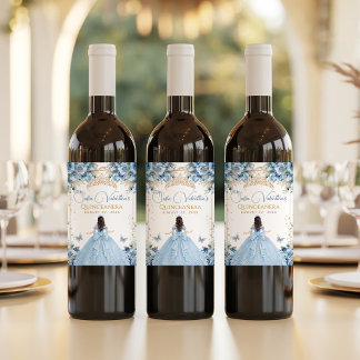 Elegant Baby Blue Gold Quinceañera Princess Bow Wine Label