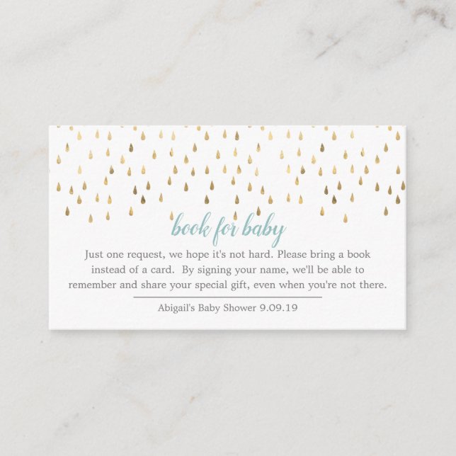 Elegant Baby Blue & Gold Raindrops Book for Baby Enclosure Card (Front)