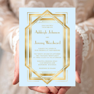 Elegant Baby Blue Gold Vintage 1920s Deco Wedding Invitation
