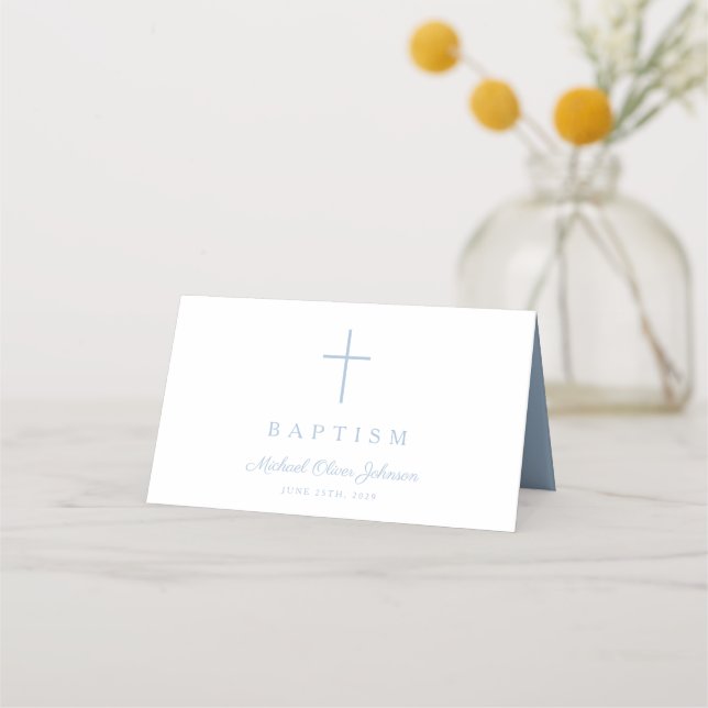 Elegant Baby Blue Religious Boy Baptism Place Card (Back)