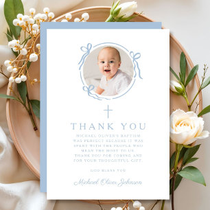 Elegant Baby Blue Religious Cross Baptism Thank You Card