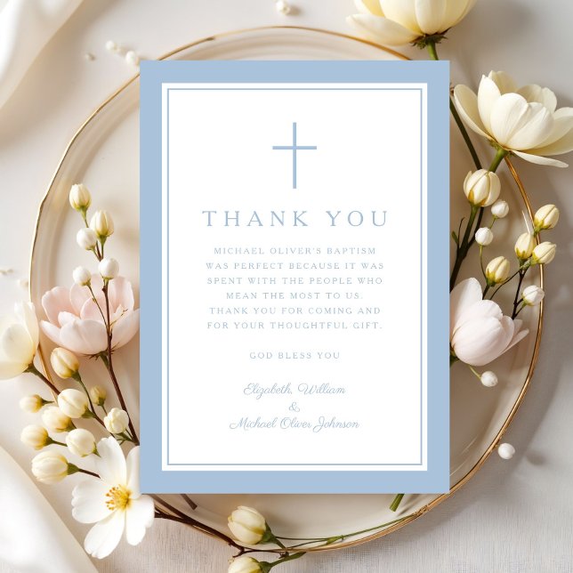 Elegant Baby Blue Religious Cross Baptism Thank You Card (Elegant Baby Blue Religious Cross Baptism Thank You Card)