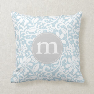 Elegant Baby Blue Retro Lace Personalised Monogram Cushion