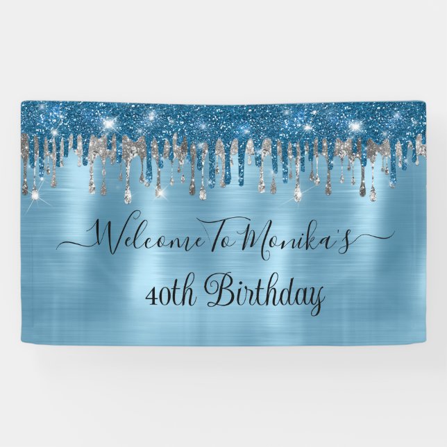 Elegant Baby Blue Sparkle Glitter Drips Birthday  Banner (Horizontal)