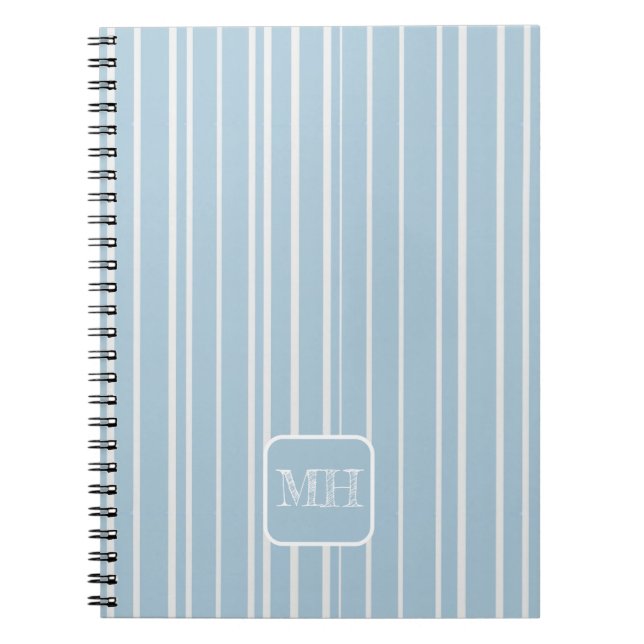 Elegant baby blue striped monogrammed notebook (Front)