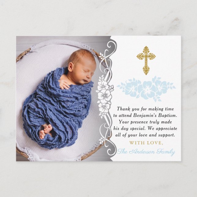 Elegant Baby Boy Baptism Thank You Postcard (Front)