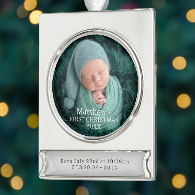 Elegant Baby Boy Birth Stats First Christmas Silver Plated Banner Ornament (Elegant Baby Boy Birth Stats First Christmas Silver Plated Banner Ornament
)