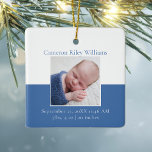 Elegant Baby Boy Newborn Photo Blue Christmas Gift Ceramic Ornament<br><div class="desc">A classic baby boy photo birth announcement Christmas ornament in cute blue with beautiful cursive typography above your sweet newborn photograph. Customise this double-sided gift with your favourite photo of your new infant to give to new grandparents or parents. Add the birth stats in white script for a baby's 1st...</div>