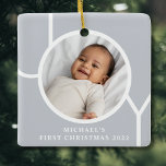 Elegant Baby Boy's First Christmas Photo Grey  Ceramic Ornament<br><div class="desc">This elegant Baby Boy's First Christmas Photo Ornament is decorated with the word JOY on a grey background.
Easily customisable with your photo,  name,  and year.</div>